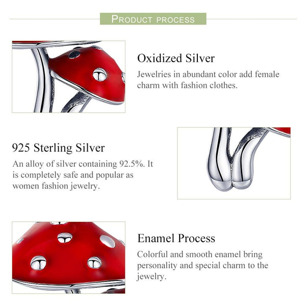 Pair Mushrooms Toadstools Enamel Sterling Silver Bead Charm Bracelet Necklace