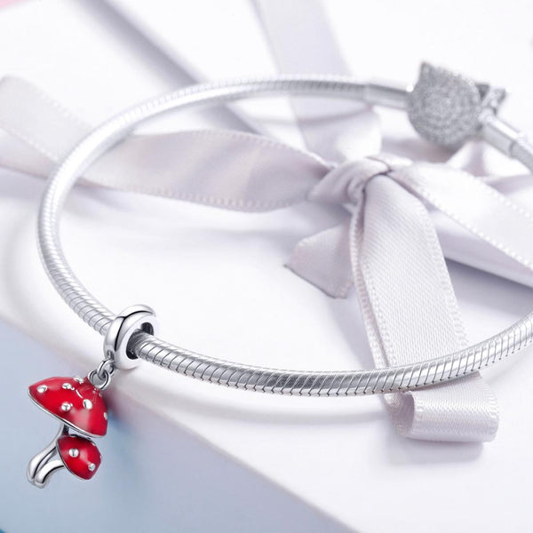 Pair Mushrooms Toadstools Enamel Sterling Silver Bead Charm Bracelet Necklace