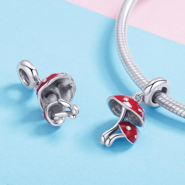 Pair Mushrooms Toadstools Enamel Sterling Silver Bead Charm Bracelet Necklace