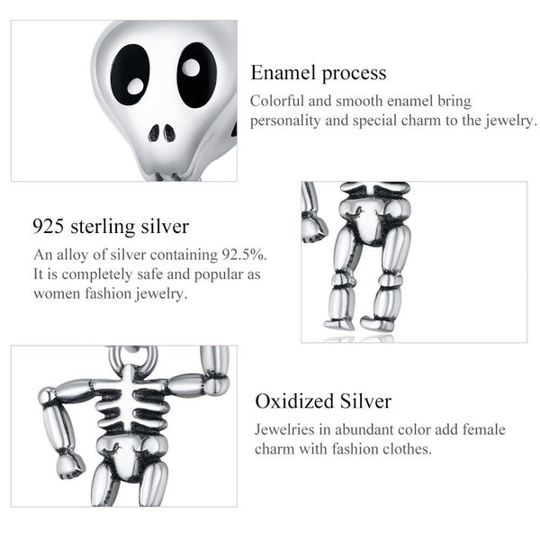 Skelton Enamel Sterling Silver Bead Charm Pendant Bracelet Necklace