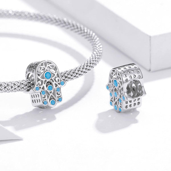 Hamsa Evil Eye Protection Sterling Silver Ziron CZ Bead Charm Bracelet Necklace