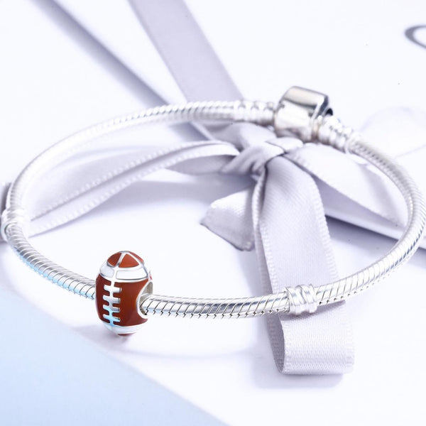 American Football Enamel Silver Bead Charm Bracelet Necklace