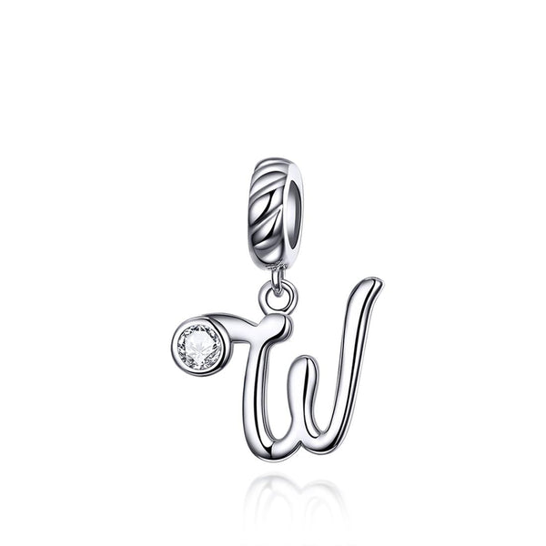 W Letter Initial Platinum Plated Sterling Silver Crystal Zircon Charm Bracelet Necklace