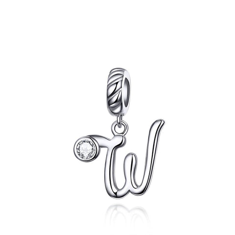 W Letter Initial Platinum Plated Sterling Silver Crystal Zircon Charm Bracelet Necklace