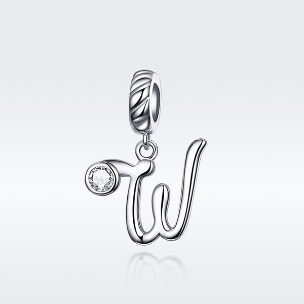 W Letter Initial Platinum Plated Sterling Silver Crystal Zircon Charm Bracelet Necklace