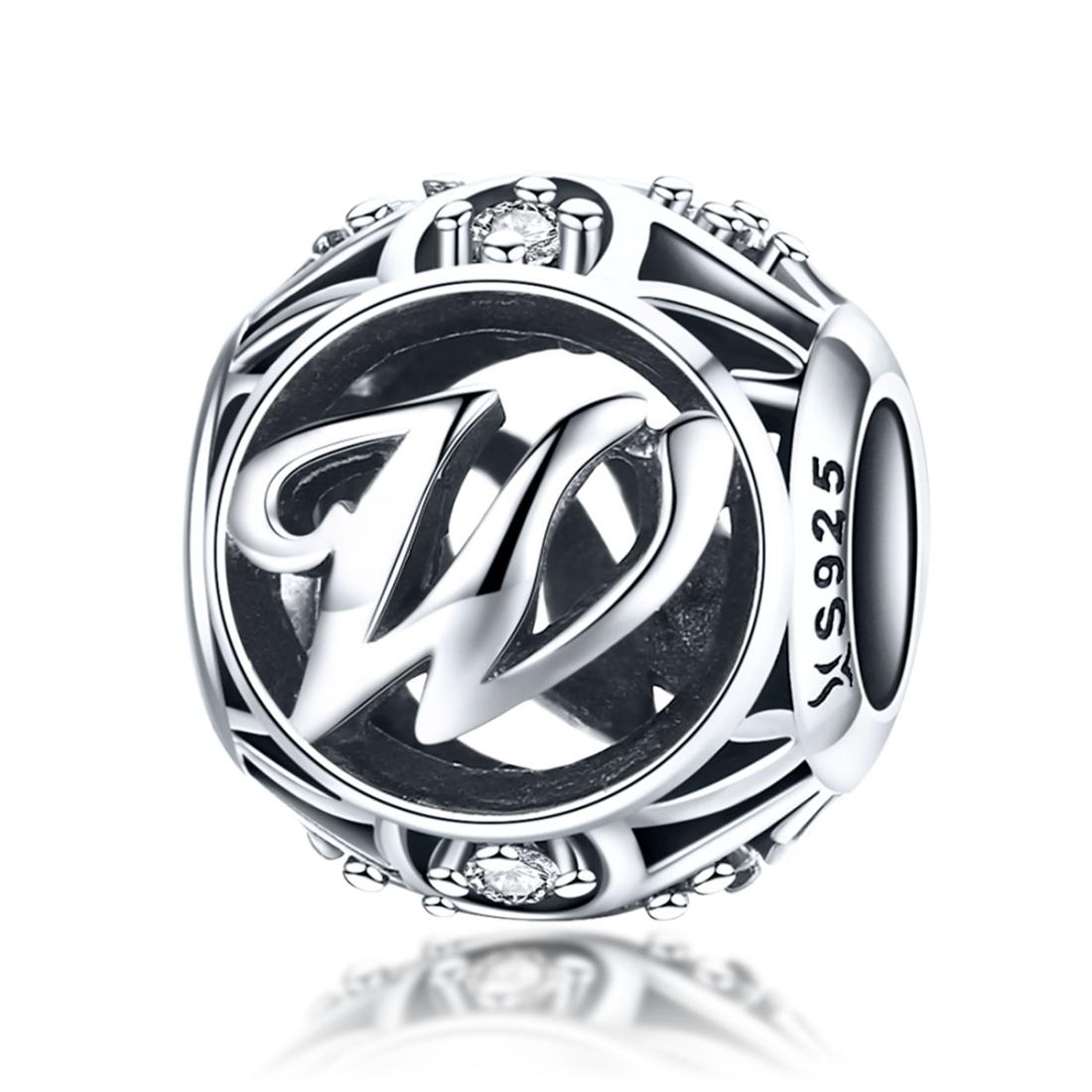 W Initial Letter Sterling Silver Zircon CZ Bead Charm Bracelet Necklace