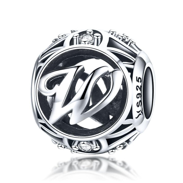 W Initial Letter Sterling Silver Zircon CZ Bead Charm Bracelet Necklace