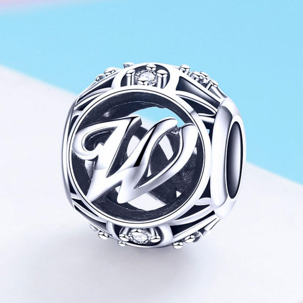 W Initial Letter Sterling Silver Zircon CZ Bead Charm Bracelet Necklace