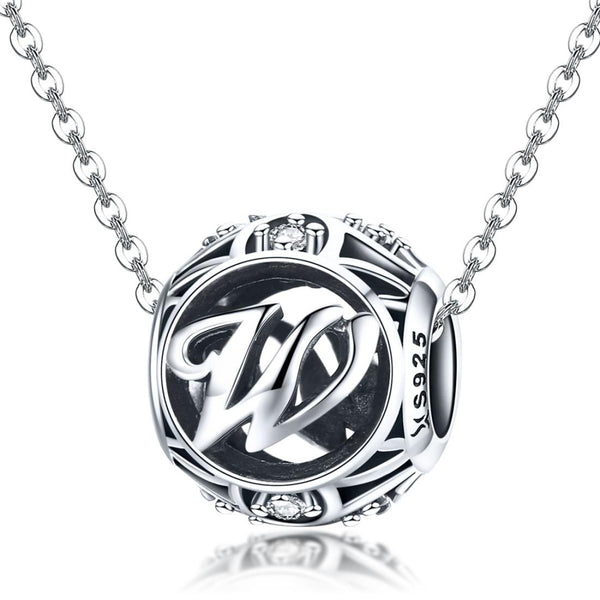 W Initial Letter Sterling Silver Zircon CZ Bead Charm Bracelet Necklace