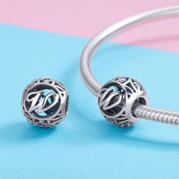 W Initial Letter Sterling Silver Zircon CZ Bead Charm Bracelet Necklace