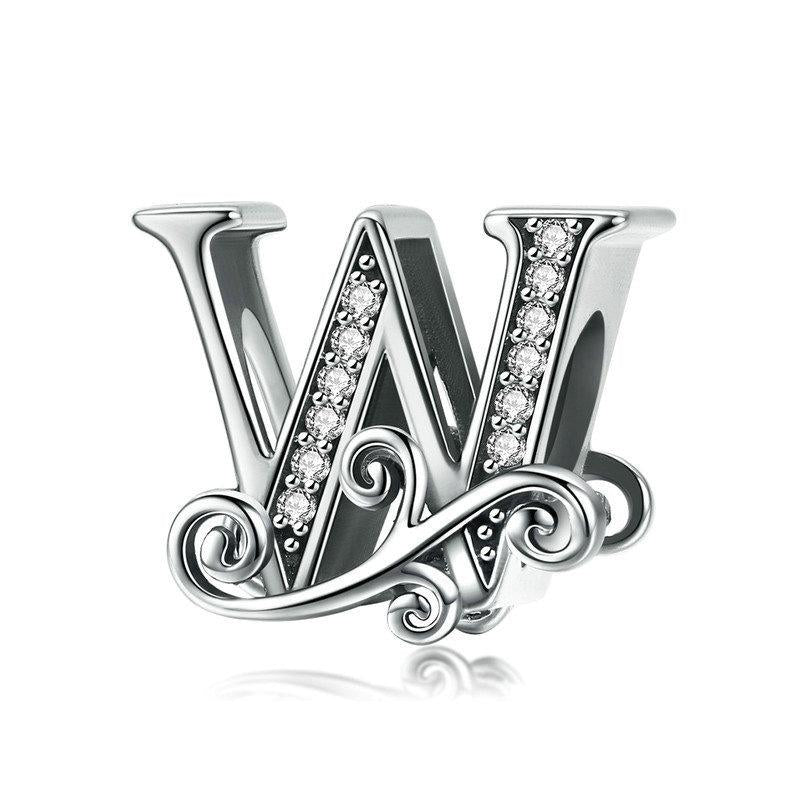 Initial Letter Gothic Victorian Sterling Silver Zircon CZ Bead Charm Bracelet W