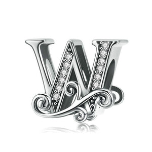 Initial Letter Gothic Victorian Sterling Silver Zircon CZ Bead Charm Bracelet W