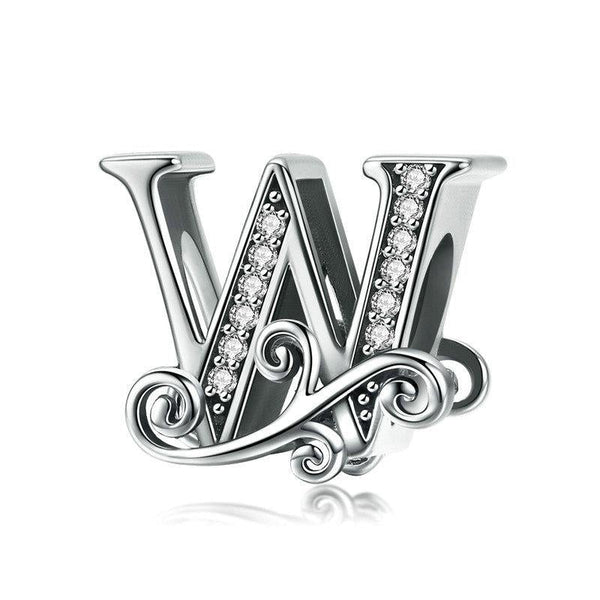 Initial Letter Gothic Victorian Sterling Silver Zircon CZ Bead Charm Bracelet W