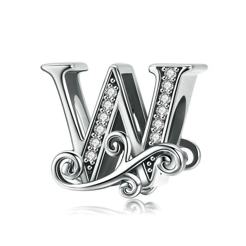 Initial Letter Gothic Victorian Sterling Silver Zircon CZ Bead Charm Bracelet W