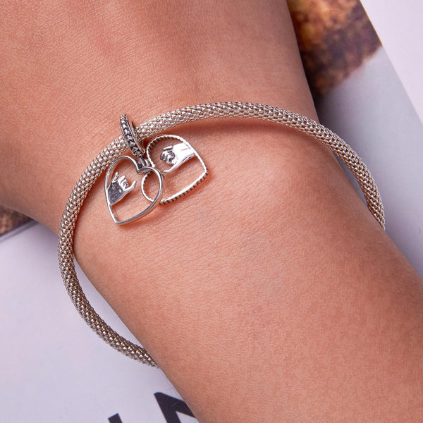 Joined Hands Heart Sterling Silver Bead Charm Bracelet Necklace