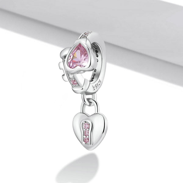 Love Heart Lock Sterling Silver Zircon CZ Bead Charm Bracelet Necklace