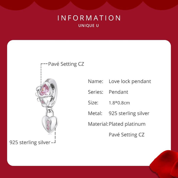 Love Heart Lock Sterling Silver Zircon CZ Bead Charm Bracelet Necklace