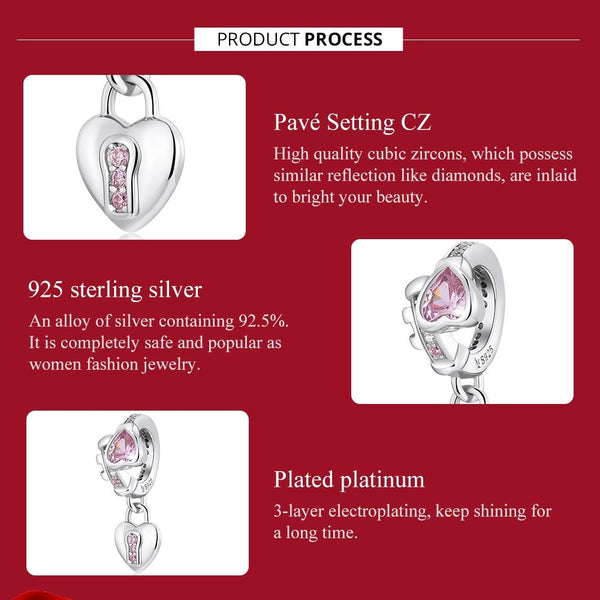 Love Heart Lock Sterling Silver Zircon CZ Bead Charm Bracelet Necklace