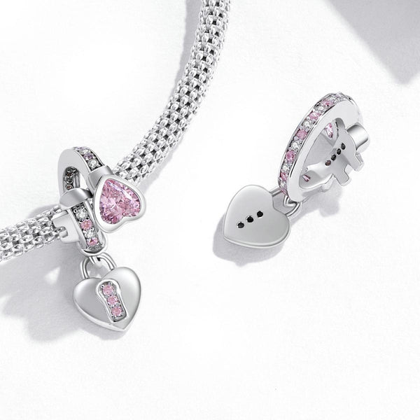 Love Heart Lock Sterling Silver Zircon CZ Bead Charm Bracelet Necklace