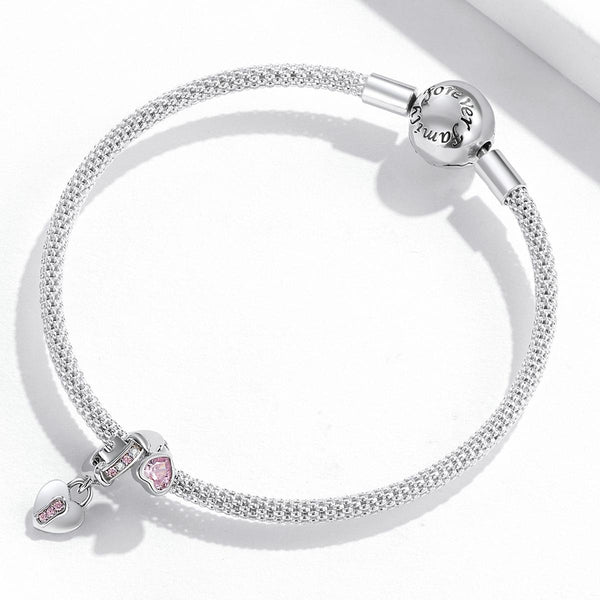 Love Heart Lock Sterling Silver Zircon CZ Bead Charm Bracelet Necklace