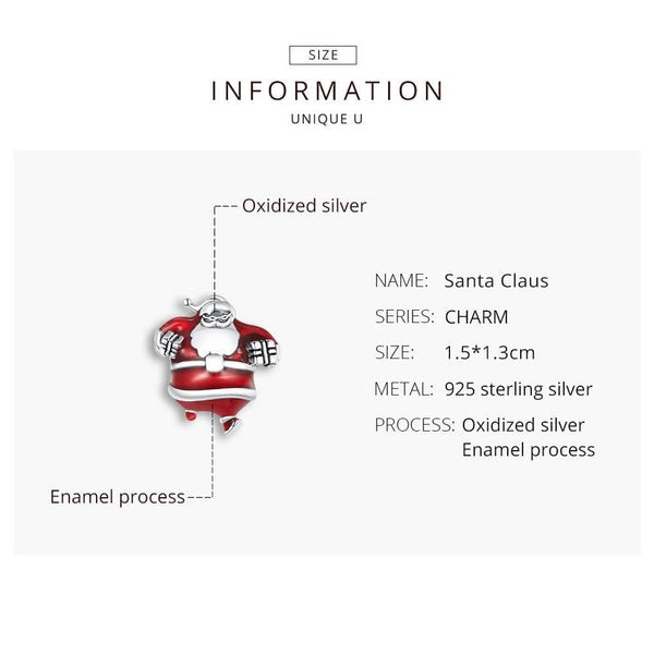 Santa Claus Father Christmas Enamel Sterling Silver Bead Charm Bracelet Necklace