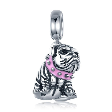 Bulldog Enamel Sterling Silver Bead Charm Bracelet Necklace Pendant
