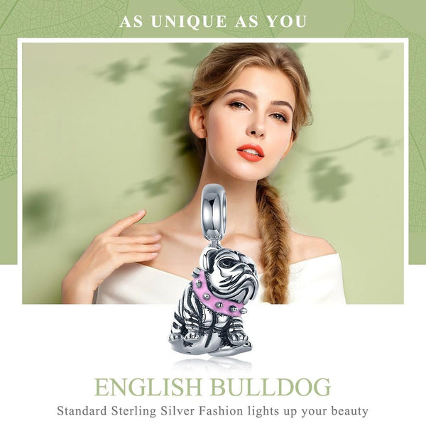Bulldog Enamel Sterling Silver Bead Charm Bracelet Necklace Pendant