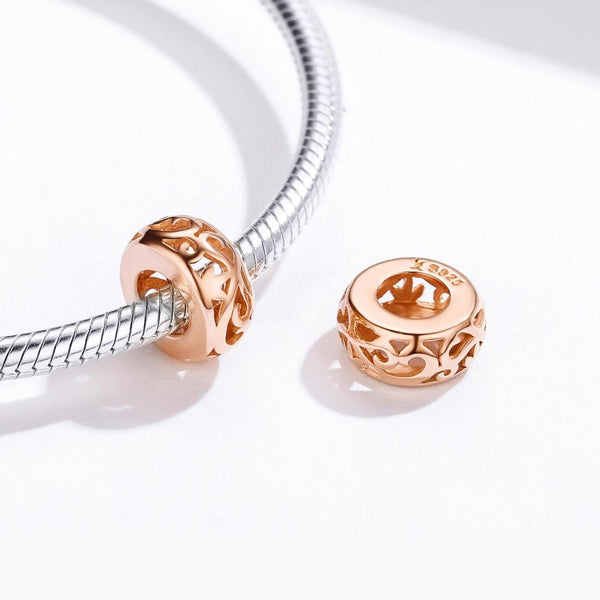 Floral Rose Gold Plated Sterling Silver Hollow Spacer Bead Charm Bracelet Necklace