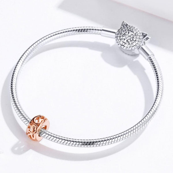 Floral Rose Gold Plated Sterling Silver Hollow Spacer Bead Charm Bracelet Necklace