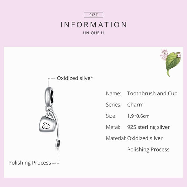 Toothbrush Cup Sterling Silver Bead Charm Bracelet Necklace Pendant