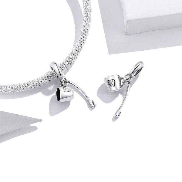 Toothbrush Cup Sterling Silver Bead Charm Bracelet Necklace Pendant