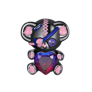 Black Teddy Bear Heart Sterling Silver Glass Bead Charm Bracelet Necklace