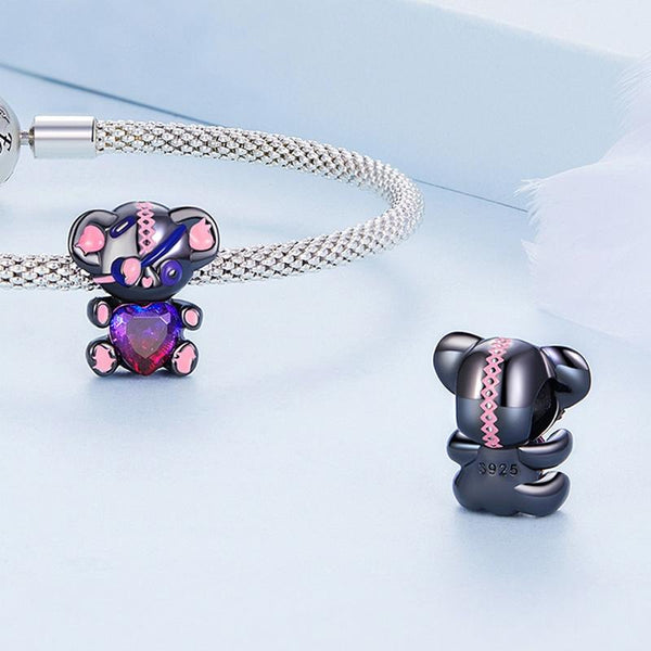 Black Teddy Bear Heart Sterling Silver Glass Bead Charm Bracelet Necklace