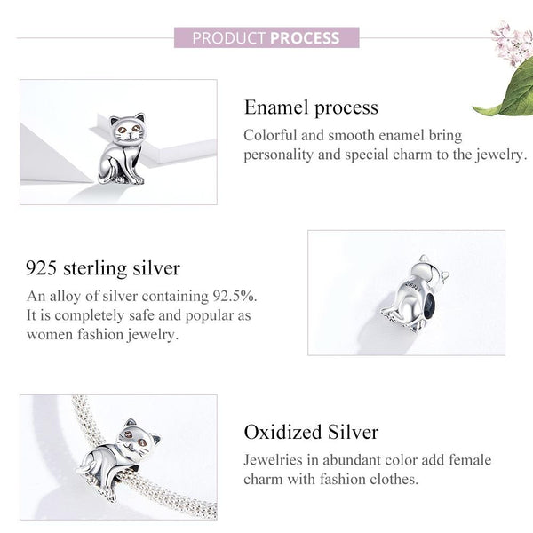 Cat Enamel Sterling Silver Bead Charm Bracelet Necklace