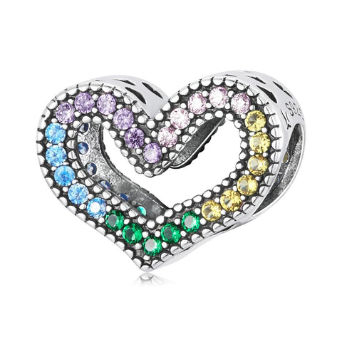 Pave Rainbow Crystal Heart Sterling Silver Zircon CZ Bead Charm Bracelet Necklace
