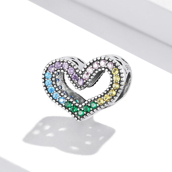 Pave Rainbow Crystal Heart Sterling Silver Zircon CZ Bead Charm Bracelet Necklace