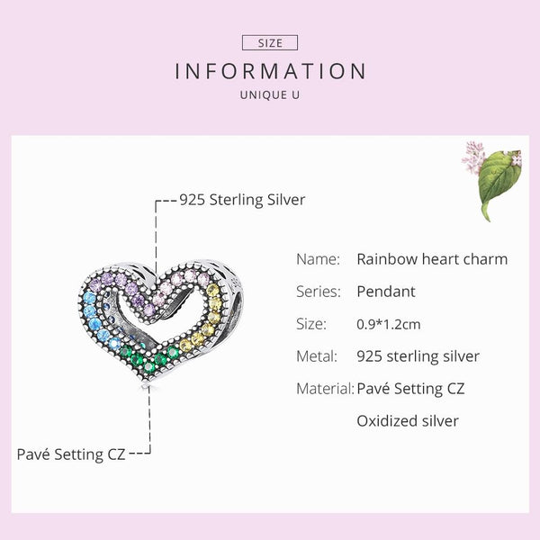 Pave Rainbow Crystal Heart Sterling Silver Zircon CZ Bead Charm Bracelet Necklace