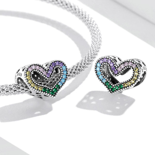 Pave Rainbow Crystal Heart Sterling Silver Zircon CZ Bead Charm Bracelet Necklace