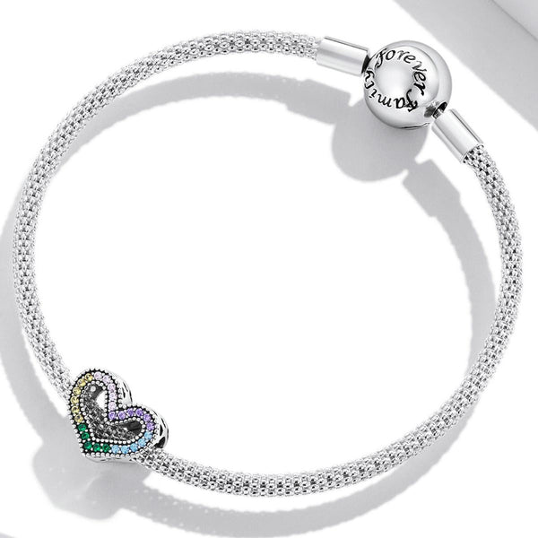 Pave Rainbow Crystal Heart Sterling Silver Zircon CZ Bead Charm Bracelet Necklace