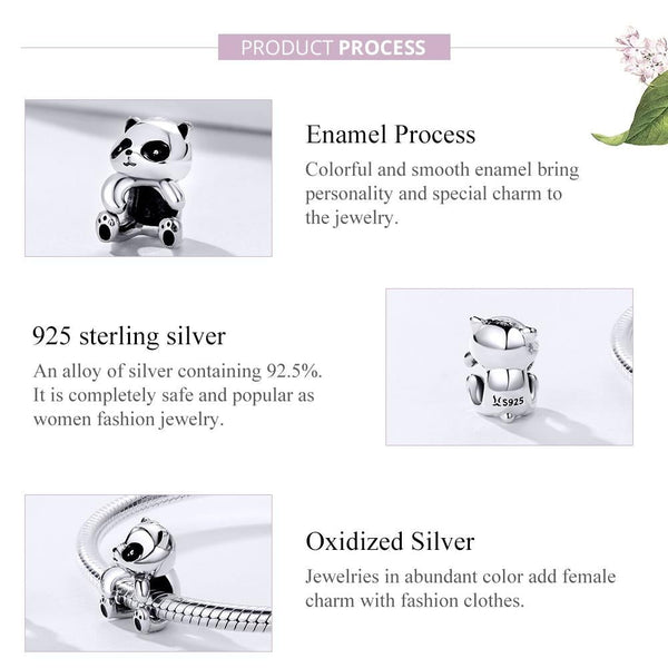 Panda Bear Enamel Sterling Silver Bead Charm Bracelet Necklace Pendant