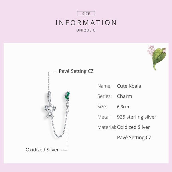 Koala Sterling Silver Zircon CZ Safety Chain For Bracelet