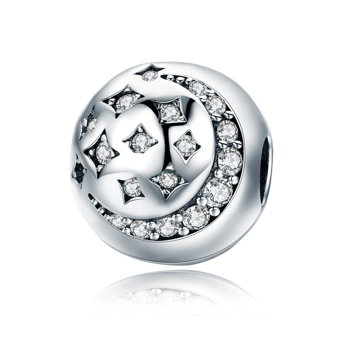Moon Stars Sterling Silver Zircon CZ Bead Charm Bracelet Necklace