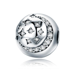 Moon Stars Sterling Silver Zircon CZ Bead Charm Bracelet Necklace