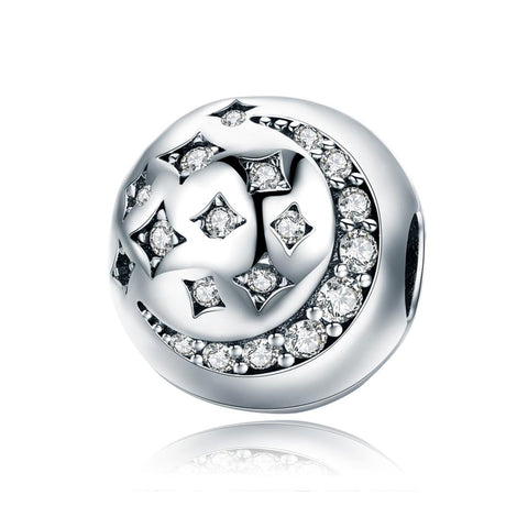 Moon Stars Sterling Silver Zircon CZ Bead Charm Bracelet Necklace