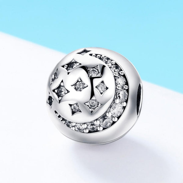 Moon Stars Sterling Silver Zircon CZ Bead Charm Bracelet Necklace