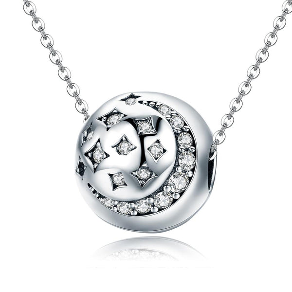Moon Stars Sterling Silver Zircon CZ Bead Charm Bracelet Necklace