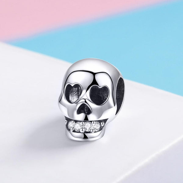 Skull Sterling Silver Zircon CZ Bead Charm Pendant Bracelet Necklace