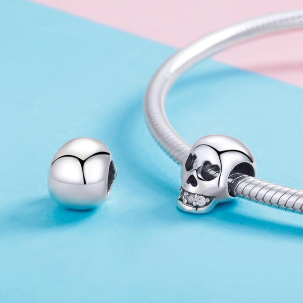 Skull Sterling Silver Zircon CZ Bead Charm Pendant Bracelet Necklace