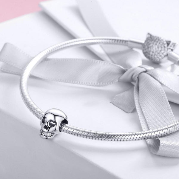 Skull Sterling Silver Zircon CZ Bead Charm Pendant Bracelet Necklace