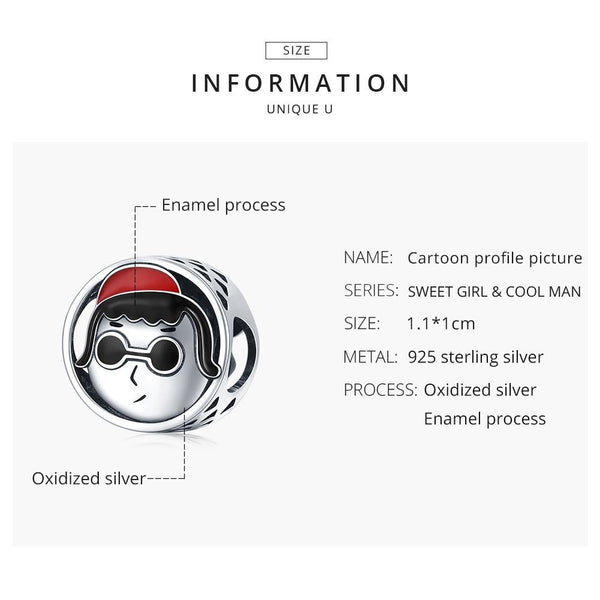 Cartoon Boy Avatar Enamel Sterling Silver Bead Charm Pendant Bracelet Necklace
